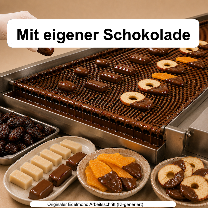 Handgemachtes Manufaktur-Konfekt wird frisch mit eigener Edelmond-Schokolade überzogen