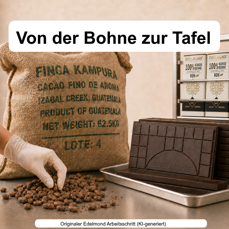 Eine Hand sortiert Kakaobohnen aus einem Sack. Daneben stehen fertige Edelmond Tafeln.