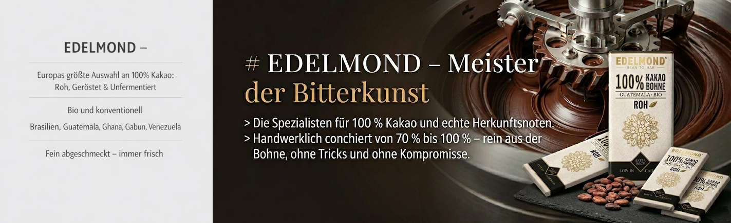 Handwerkliche Schokoladenherstellung bei EDELMOND: Flüssige Kakaomasse in der Conche neben 100% Kakao Bohnen Bio-Tafeln aus Guatemala.