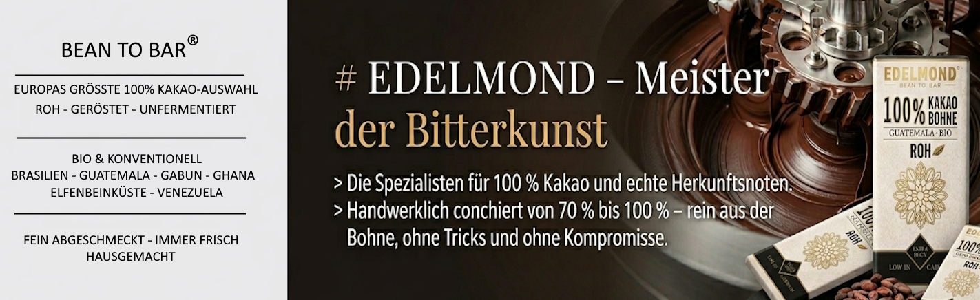 Handwerkliche Schokoladenherstellung bei EDELMOND: Flüssige Kakaomasse in der Conche neben 100% Kakao Bohnen Bio-Tafeln aus Guatemala.