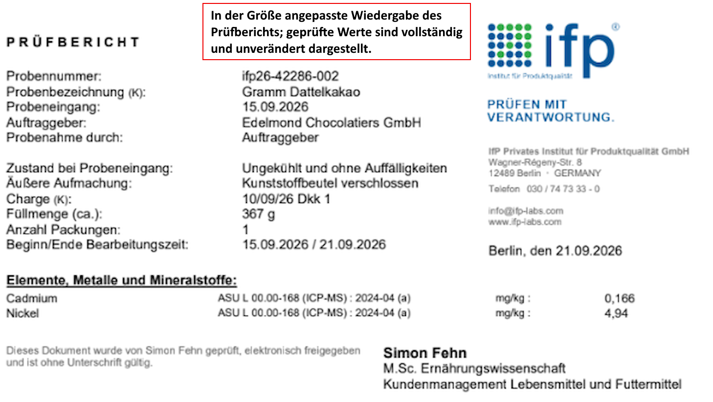 Laboranalyse Daten Cadmium-Nickel für Edelmond Bio