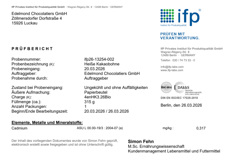 Laboranalyse Cadmium-Gehalt für Edelmond Heiße Kakaobohne