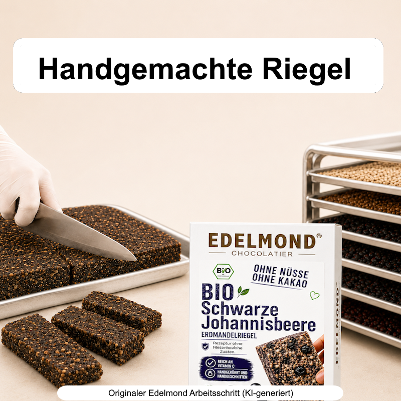 Drei handgemachte Edelmond Bio-Riegel vor einem Produktionshintergrund mit frischen Zutaten.