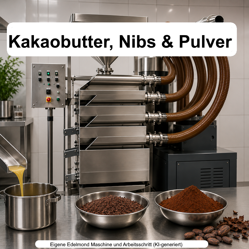 Verarbeitung von Kakaobohnen, Nibs und Kakaopulver an der eigenen Edelmond-Maschine.
