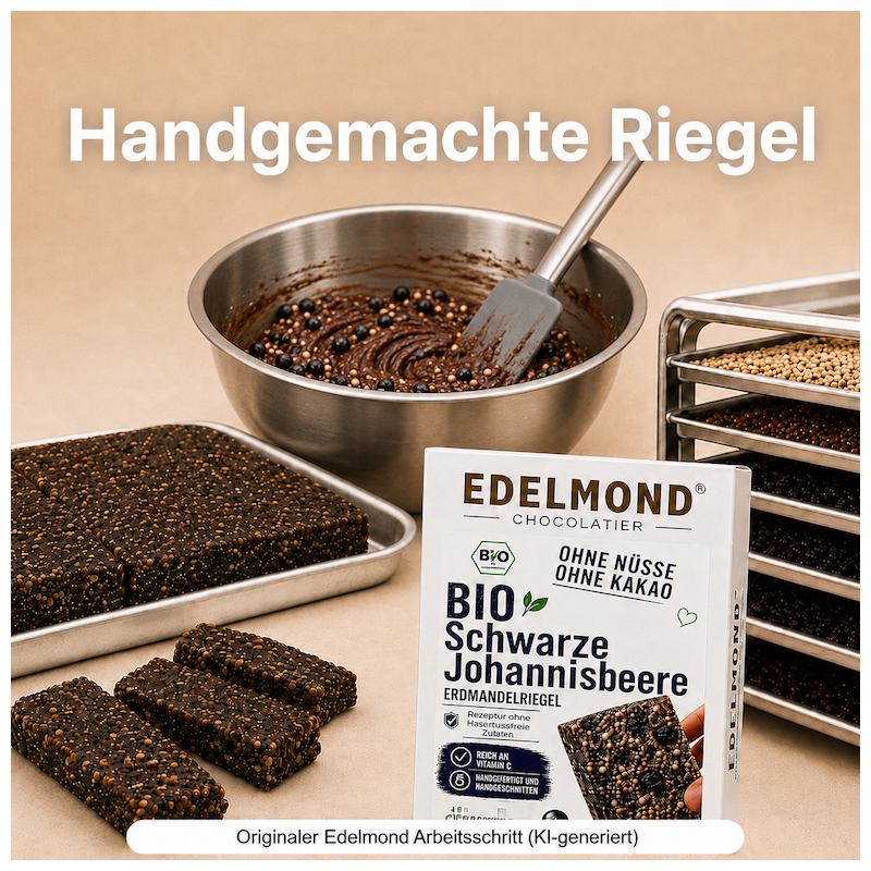 Drei handgemachte Edelmond Bio-Riegel vor einem Produktionshintergrund mit frischen Zutaten.