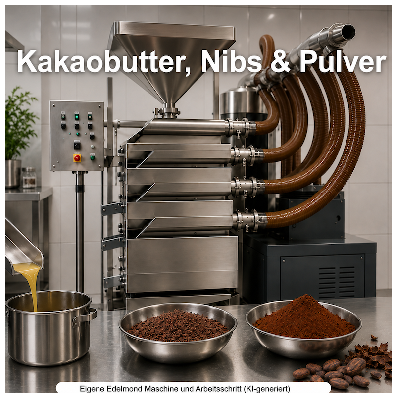Verarbeitung von Kakaobohnen, Nibs und Kakaopulver an der eigenen Edelmond-Maschine.
