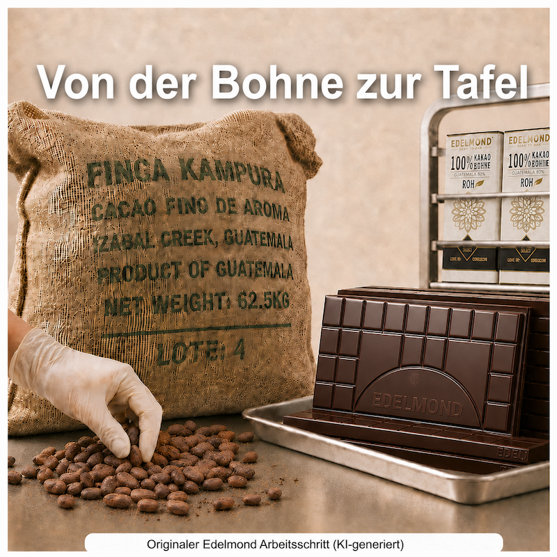 Eine Hand sortiert Kakaobohnen aus einem Sack. Daneben stehen fertige Edelmond Tafeln.