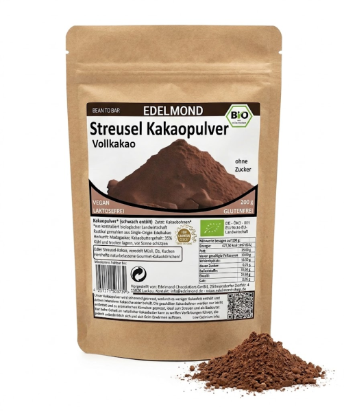 Streusel Kakaopulver. Herzhafte Bio-Kakaokörnchen 200 g.