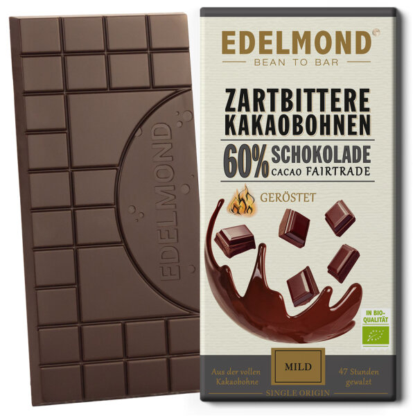 60% Zartbitter-Schokolade. Langzeitgeführt Bio + Fair