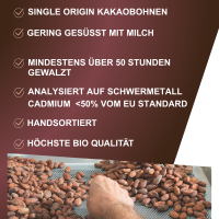 60% Zartbitter-Schokolade. Langzeitgeführt Bio + Fair