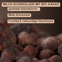 60% Zartbitter-Schokolade. Langzeitgeführt Bio + Fair