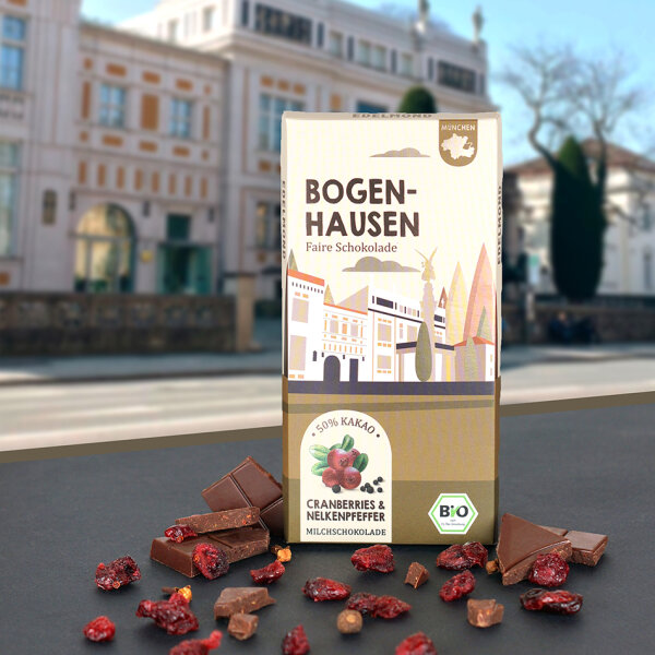 Bogenhausen Cranberry und Nelkenpfeffer Schokolade. Bio & Fair Trade