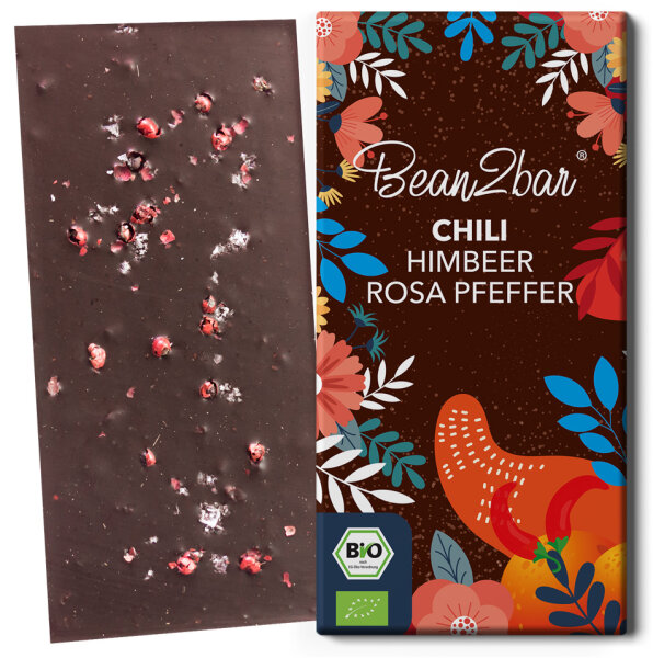 Chili & Rosa Beere Schokoladentafel. Biomarke: bean to bar