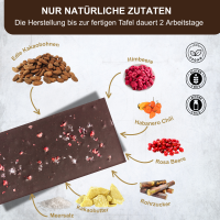 Chili & Rosa Beere Schokolade. Marke bean to bar