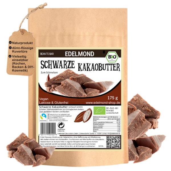Schwarze Bio Kakaobutter. Roh Vegan