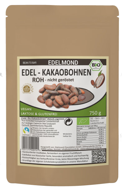 Kakaobohnen Roh mit Schale, Bio & Fair 750g