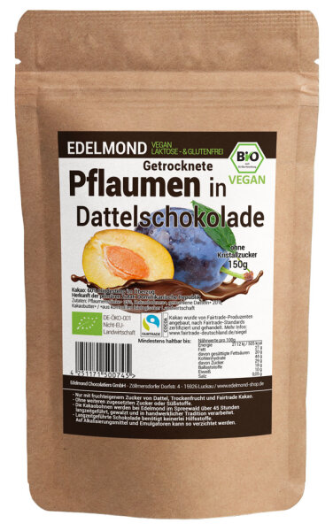 Pflaumen in Dattelschokolade, Bio + Fair