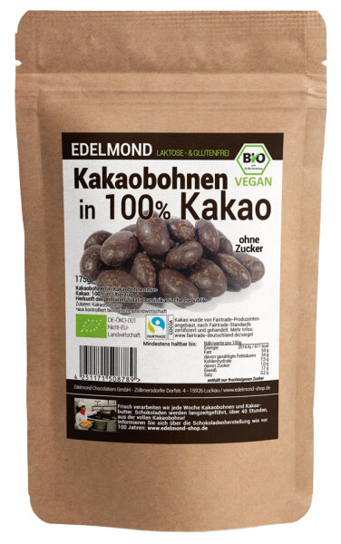 Kakaobohnen in 100% Kakao Bio ohne Zucker 90g