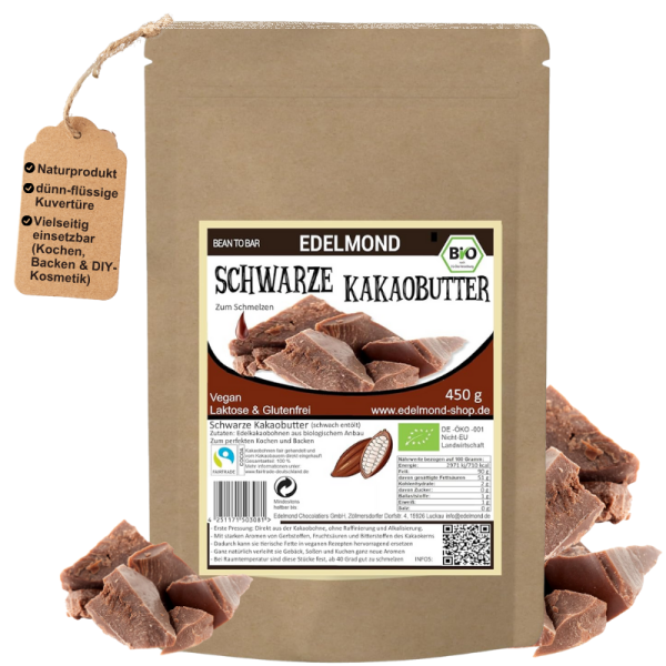 Schwarze Kakaobutter Roh 450g, Bio & Fair
