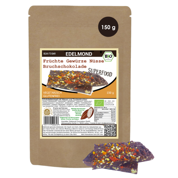 Früchte, Nüsse, Gewürze in Bruchschokolade. Bio 150g